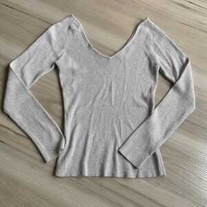 Vintage Y2k 90's Silver Metallic BCBG Max Azria Off shoulder deep V Long Sleeve